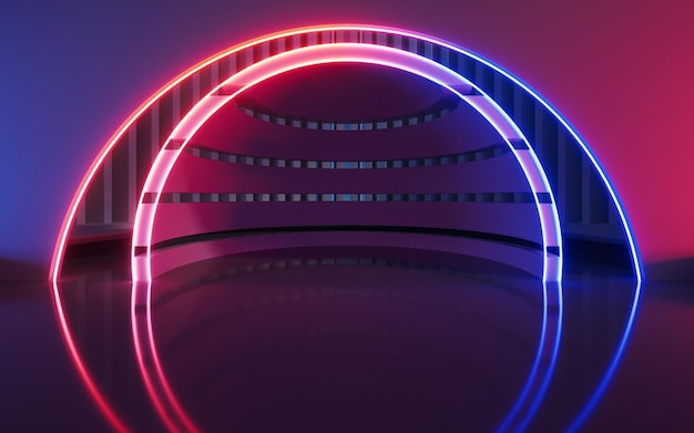 Dunkler Raum mit leuchtenden Neonlinien 3D-Rendering