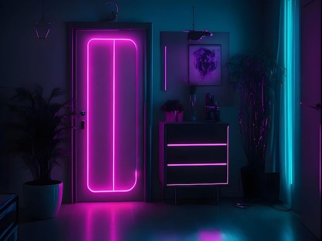 Dunkler Raum und Neonlicht-Neon-Ambiente Ai Generated