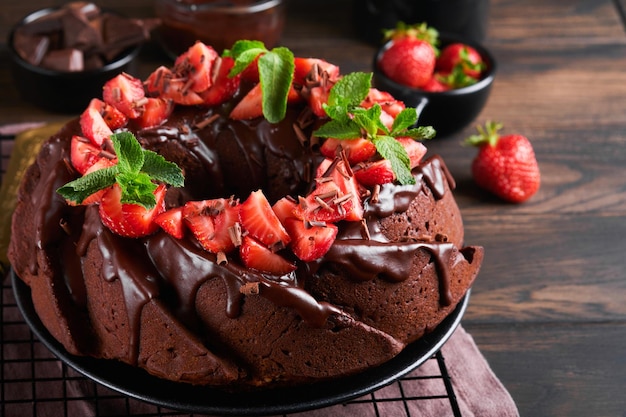 Dunkler Schokoladen-Bundt-Kuchen mit Ganache-Zuckerguss und Erdbeere auf dunklem Stein- oder Betontischhintergrund Festlicher Kuchen Selektiver Fokus