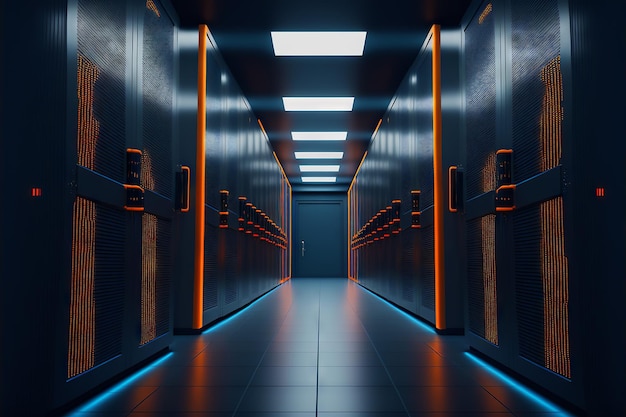 Dunkler Server-Rechenzentrumsraum mit Computern und Speichersystemen und orange-blau leuchtenden Elementen