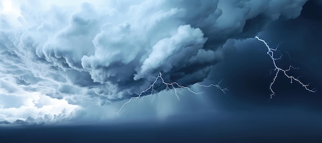 Dunkler stürmischer Himmel mit Blitz und stürmischem Meer Blitz schlägt auf dem Himmel dunkle Wolken bei schlechtem Wetter vor einem großen Sturmregen