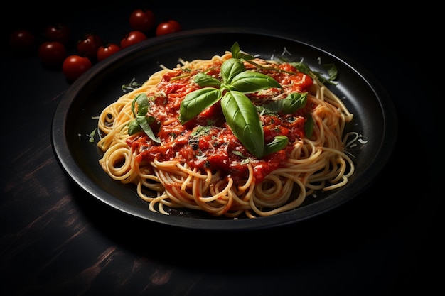 Dunkler Teller mit italienischen Spaghetti auf Dunkelheit