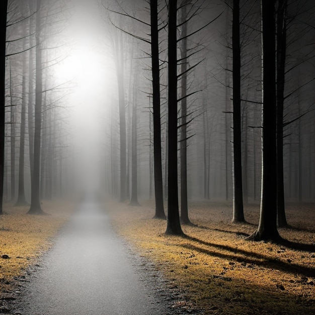 Dunkler und geheimnisvoller Wald mit Schatten und Nebel, der eine gruselige Atmosphäre schafft