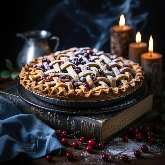 Dunkler und geschickt angeordneter Cranberry-Torte mit einem Buch