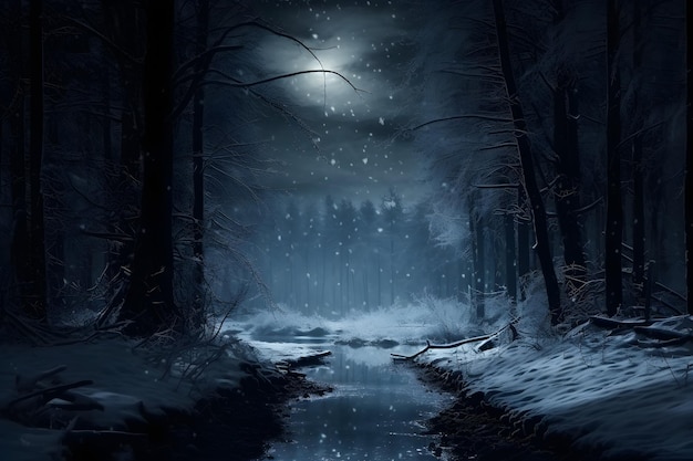 Dunkler Wald im Wintermondlicht