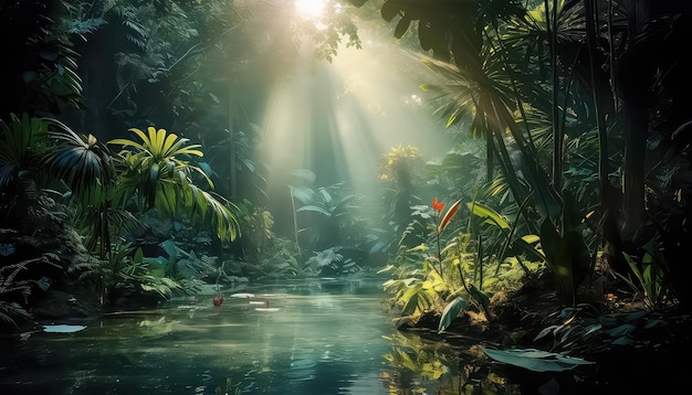 dunkler Wald mit Dschungel im Fantasy-Hintergrund