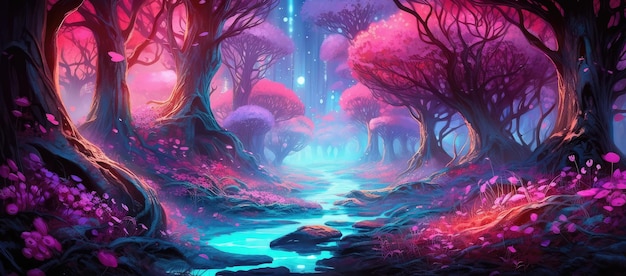 Dunkler Wald mit lila leuchtenden Pilzen, extreme Nahaufnahme, generative KI