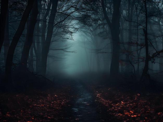 Dunkler Wald mit Nebel und schönen Farben, nebliger Wald, Straße oder Pfad durch dichten Baumwald