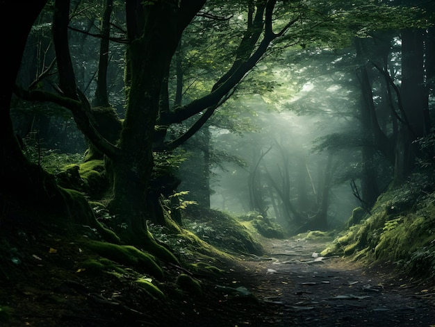 Dunkler Wald mit Nebel und schönen Farben, nebliger Wald, Straße oder Pfad durch dichten Baumwald