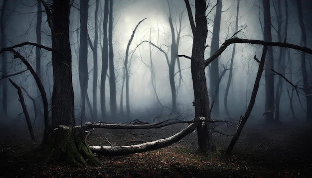 Dunkler Wald mit toten Bäumen im Nebel, trockene, gebrochene Zweige, mysteriöse Landschaft, mystische Atmosphäre.