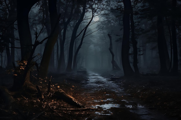 Dunkler Wald mit Vollmond im Hintergrund Halloween