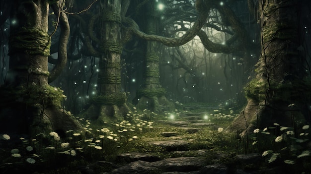 dunkler Waldlandschaft Hintergrund Fantasy-Wald mit einem leuchtenden Pfad