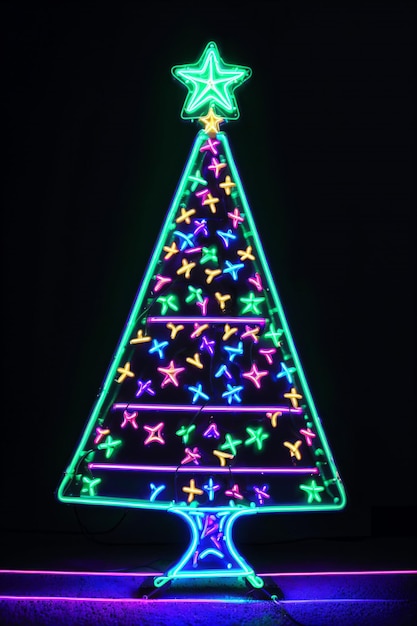 Dunkler Weihnachtsbaum beleuchtet mit Neonlichtern auf dunklem Hintergrund, Weihnachtsbanner