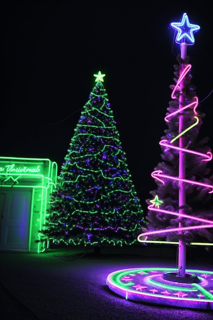 Dunkler Weihnachtsbaum beleuchtet mit Neonlichtern auf dunklem Hintergrund, Weihnachtsbanner