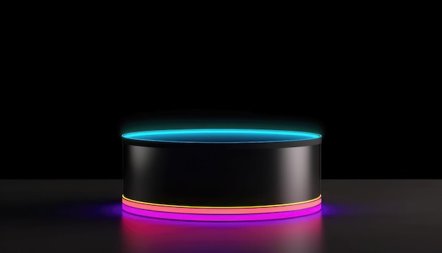 Dunkles 3D-Podium mit Neon-Regenbogenlicht auf schwarzem Hintergrund. Generieren Sie KI