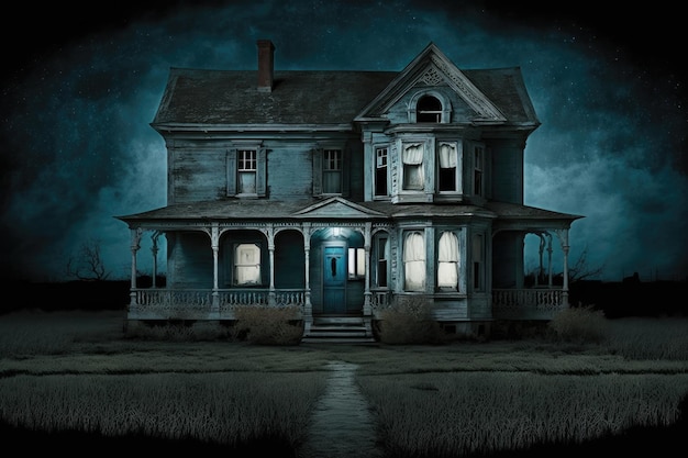 Dunkles, dreckiges Horrorhaus mit Veranda und Fenstern in der Nacht