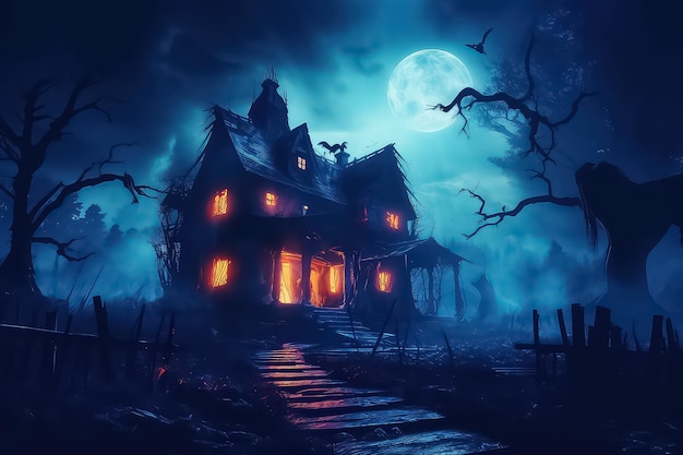 Dunkles, gruseliges, mystisches Fledermausschloss, gruselige, düstere Halloween-Villa, KI