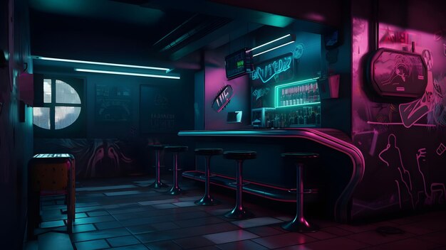 Dunkles Innenkonzept einer Bar im Cyberpunk-Stil mit Neonlichtern. Neuronales Netzwerk, generiert im Mai 2023. Basiert nicht auf einer tatsächlichen Personenszene oder einem Muster