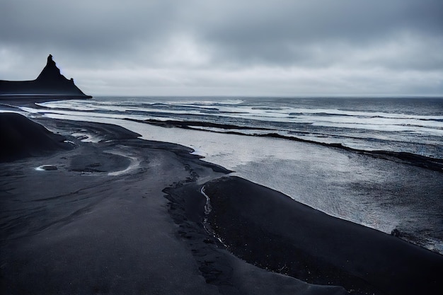 Dunkles Meerwasser und Sandstrand am Strand von Island