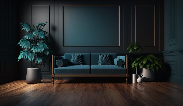 Dunkles Wohnzimmer. Blaues Sofa auf Holzboden und schwarzer Wand. Generative KI