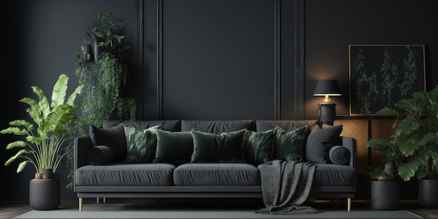 Dunkles Wohnzimmer mit luxuriösem grauem Sofa