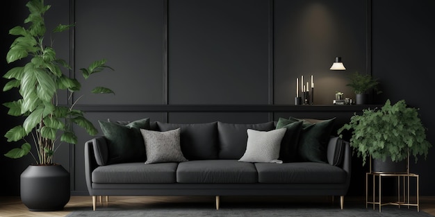 Dunkles Wohnzimmer mit luxuriösem grauem Sofa