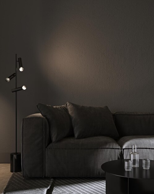 Dunkles Wohnzimmerinterieur mit grauem Sofa-Mock-up Luxus modernes Wohnzimmerinterieur Hintergrund schwarze Wand skandinavischer Stil 3D-Rendering
