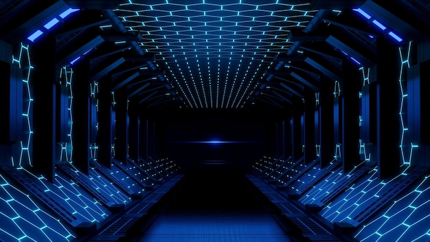 Dunkles Zimmer modernes Scifi mit Neonlicht 3D-Rendering