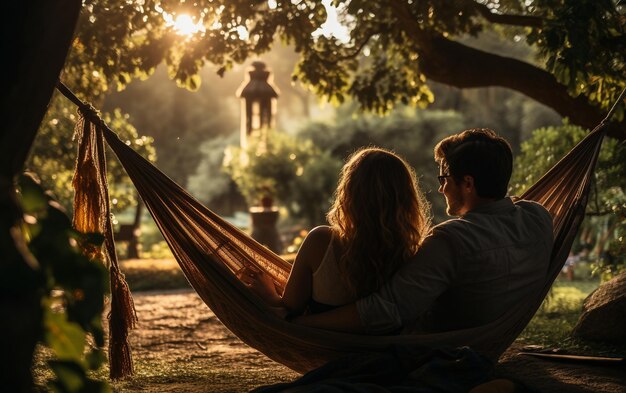 Foto duo acogedor entre los árboles