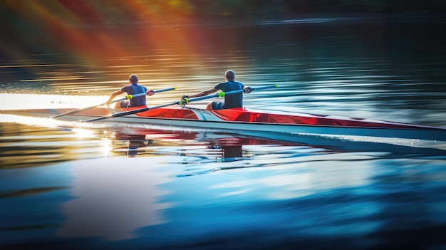 Foto duo en concha de remo deslizándose en un lago tranquilo