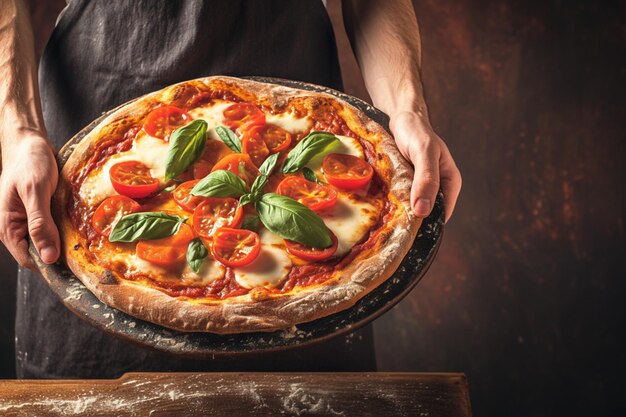 Duo de chefs apresenta uma pizza deliciosa num hotel ou restaurante