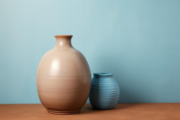 Duo de vasos modernos em um fundo de parede azul