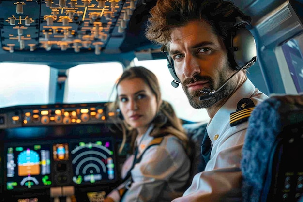 Foto un dúo dinámico de capitanes de un vuelo internacional que controlan la cabina con precisión y experiencia