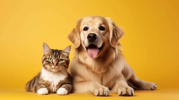 Duo de gato y perro en fondo amarillo IA generativa