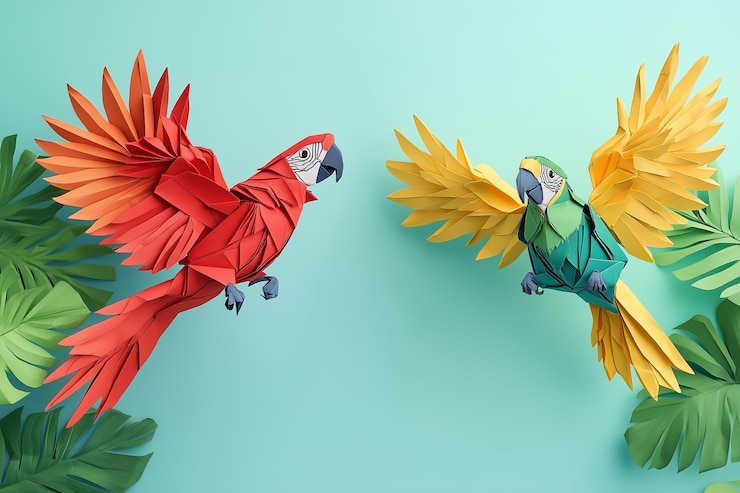 Foto el dúo de loros origami de papel en vuelo y percha