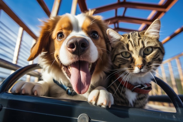Un dúo de perros y gatos disfrutando de un día soleado al aire libre