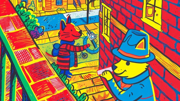 Foto un dúo de perros y gatos resolviendo misterios aleatorios del vecindario. detectives peludos.