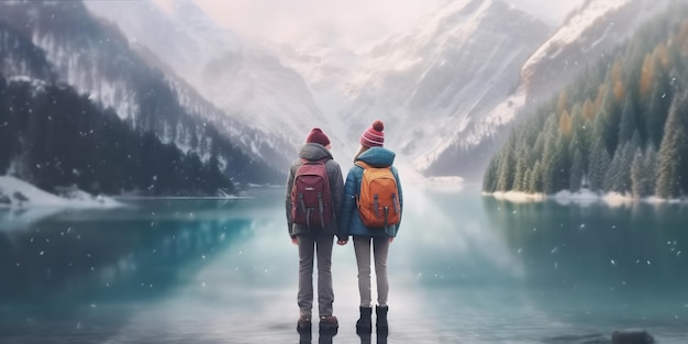 Un dúo de viajeros contempla el lago alpino Concepto de estilo de vida activo con viajes Viajes y aventuras en la zona montañosa de Austria Generative Ai
