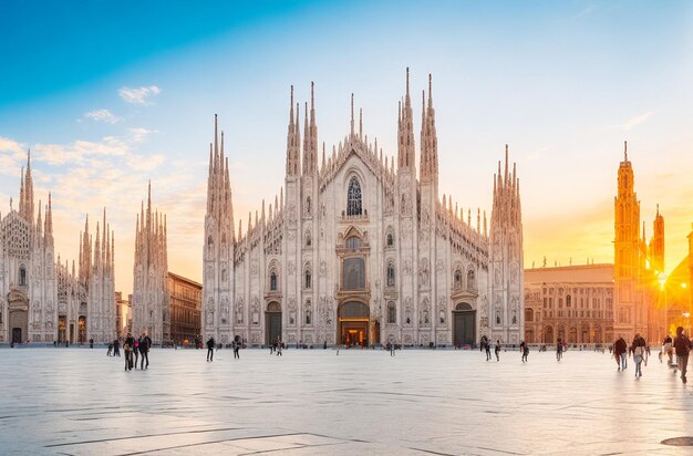 El Duomo de Milán con una hermosa puesta de sol generada por AI