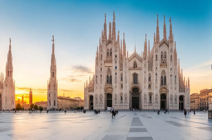 El Duomo de Milán con una hermosa puesta de sol generada por AI