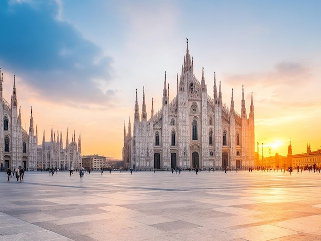 El Duomo de Milán con una hermosa puesta de sol generada por AI