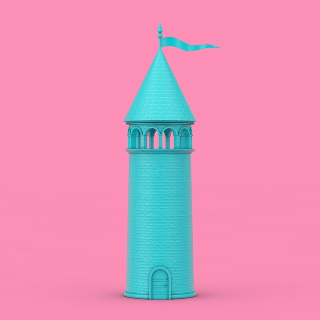 Duotone da torre do castelo fantástico azul sobre um fundo rosa. renderização 3d