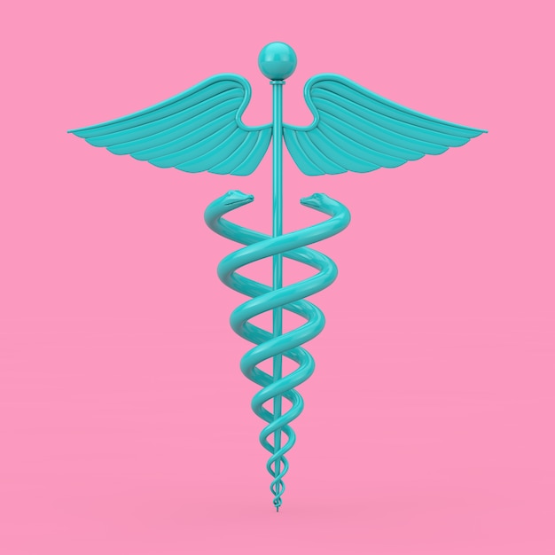 Duotono de maqueta de símbolo de caduceo médico azul sobre un fondo rosa. Representación 3D