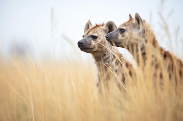 Dupla de hienas-malhadas em pastagens sob céu claro