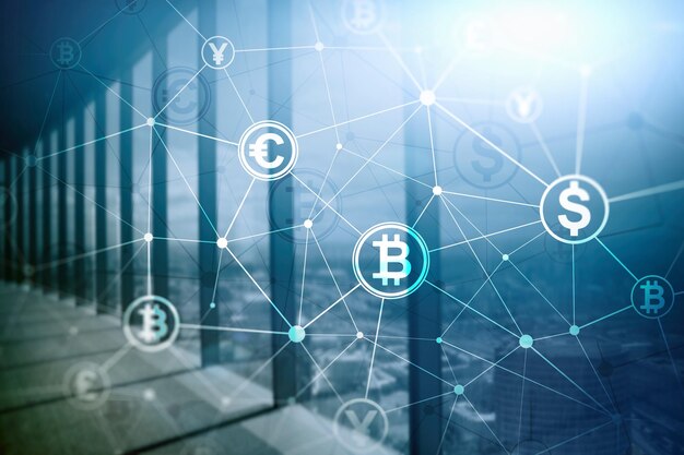 Dupla exposição Bitcoin e conceito de blockchain Economia digital e negociação de moedas