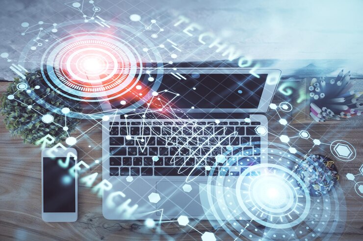 Foto dupla exposição de dados esboço de holograma sobre fundo de mesa de estudo com computador conceito de ai vista superior