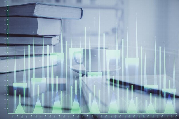 Dupla exposição de desenho de gráfico financeiro e área de trabalho com café e itens no fundo da mesa Conceito de negociação no mercado forex
