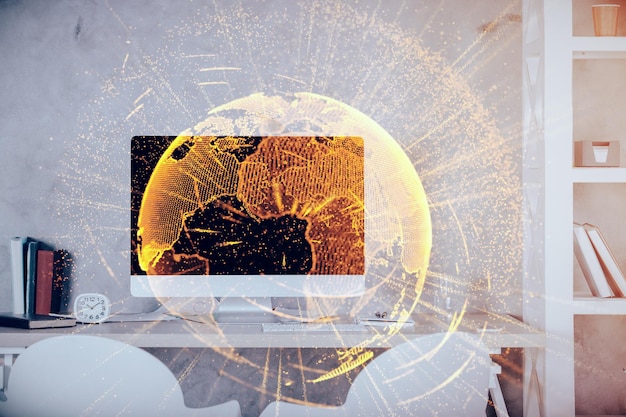 Dupla exposição de desenho de tema de rede social e fundo interior de escritório Conceito de web