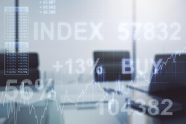 Dupla exposição de diagrama financeiro criativo abstrato e mesa moderna com computador em segundo plano bancário e conceito de contabilidade