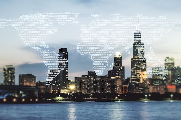 Dupla exposição de holograma de mapa do mundo digital abstrato em edifícios de escritórios de Chicago, big data e conceito de blockchain
